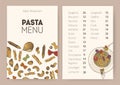 Restaurant or cafe dining menu template with plate of cooked delicious spaghetti, different types of uncooked pasta and Royalty Free Stock Photo