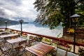 Restaurant cafe empty tables Bohinj lake autumn view, Slovenia Royalty Free Stock Photo