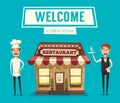 Restaurant or cafe. Exterior building. Vector cartoon illustration