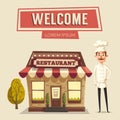 Restaurant or cafe. Exterior building. Vector cartoon illustration