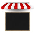 Restaurant, cafe menu board horizontal template. Realistic vector chalkboard and striped 3d awning