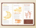 Restaurant or Cafe Menu Template. Retro Style Design Layout with Hand Drawn Croissant, Cake, Ice Cream and Coffee Cup