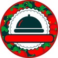 Restaurant and cafe round logo with cloche and tomato background