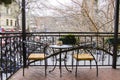 Restaurant and cafe table and chairs on the balcony, interior of restaurant in old town Royalty Free Stock Photo