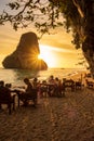 Restaurant cave on Phra nang Beach at sunset, Railay, Krabi, Thailand. vacation, travel, summer, Wanderlust and holiday concept