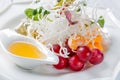 Restaurant cheese plate - various types of cheeses with grapes, walnut and tangerine with chips on white plate. Close up image wit
