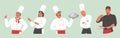 Restaurant chef cartoon character set showing different hand gestures expressing emotions, vector isolated illustration.