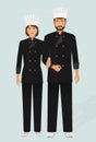 Restaurant chef and cook in uniform. Couple of catering service staff characters. Hotel welcoming banner.