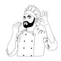 Restaurant chef, chef in work uniform shows finger gestures - delicious, vector illustration in doodle style, hand draw