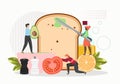 Restaurant chefs preparing delicious sandwich avocado toast, vector flat illustration