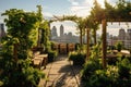 Restaurant in Chicago, Illinois, USA. Beautiful nature of Chicago, A beautiful rooftop garden in the city adorned with lush green Royalty Free Stock Photo