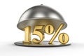 Restaurant cloche with golden 15 percent off Sign Royalty Free Stock Photo