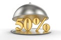 Restaurant cloche with golden 50 percent off Sign Royalty Free Stock Photo