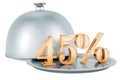 Restaurant cloche with golden 45 percent, sale and discount concept, 3D rendering Royalty Free Stock Photo