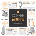 Restaurant coffee menu design with hand drawing coffee elements. Royalty Free Stock Photo