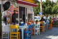 Restaurant with colorful chairs in Kas town, Turkey.