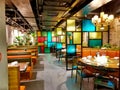 Restaurant with coloured glass partition