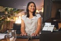 Restaurant, computer and woman typing order for food service, manage inventory and check sales. Coffee shop, small Royalty Free Stock Photo