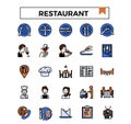 Restaurant concept filled outline icon set.