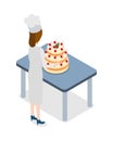 Restaurant. Confectioner Standing near Big Cake