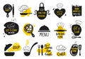 Restaurant cook logo with chef hats, pans and apron. Kitchen labels, positive typography elements. Food and cooking