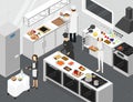 Restaurant Cooking Room Interior with Furniture Isometric View. Vector