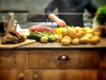 Restaurant counter with meat potatoes and zucchini before cooking