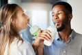 Restaurant, date and couple drinking a milkshake together while at a romantic summer adventure. Happy, love and Royalty Free Stock Photo