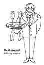 Restaurant Delivery Service Illustration. Male Waiter in a medical mask wearing costume, with a tray and two wine glasses, waiter