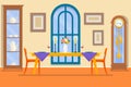 Restaurant or dining room interior. Dining table for date with glasses of wine, flowers and chairs and sideboard. Vector