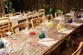 Restaurant dinner table set for in the restaurant garden, outdoor. Banquet rustic Royalty Free Stock Photo