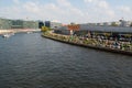 Restaurant on the embankment Spree and pleasure boat.