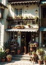 Restaurant exterior, Courtyard cafe, outdoor dining area. Royalty Free Stock Photo