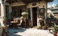 Restaurant exterior, Courtyard cafe, outdoor dining area. Royalty Free Stock Photo