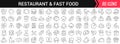 Restaurant and fast food linear icons in black. Big UI icons collection in a flat design. Thin outline signs pack. Big set of Royalty Free Stock Photo