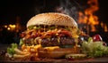 Restaurant favorite, mouthwatering burger grilled to perfection, flames accentuate