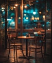 Cozy empty restaurant interior with dim lighting and wooden tables Royalty Free Stock Photo