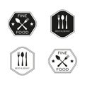Restaurant and food emblem or label set with spoon, fork and knife flat icons. Kitchen utensils. Vector illustration Royalty Free Stock Photo