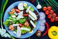 Top view on table with Caesar salad with shrimps on blue plate, Royalty Free Stock Photo