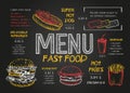 Restaurant Food Menu Design Template With Chalkboard Background. Vintage Chalk Drawing Fast Food Menu In Vector Sketch