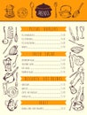 Restaurant food menu for lunch. Hand drawn pictures of kitchen tools. Vector illustration Royalty Free Stock Photo