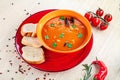 Fresh homemade soup on light background with ingridients. Ready to Eat. Royalty Free Stock Photo