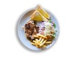 Restaurant food - pock grilled steak with french fries on white plate