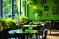 Restaurant with green tables and chairs has few potted plants as decoration. Generative AI