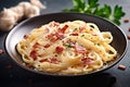 italian carbonara pasta bacon sauce cheese meat meal food spaghetti. Generative AI.