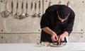 Restaurant hotel private chef preparing dessert chocolate cake Royalty Free Stock Photo