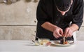 Restaurant hotel private chef preparing dessert chocolate cake Royalty Free Stock Photo