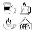 Restaurant icons set disposable cup teacup and signboard in line style