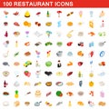 100 restaurant icons set, isometric 3d style Royalty Free Stock Photo