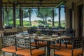 Restaurant interier with tables chairs and set up at desert resort